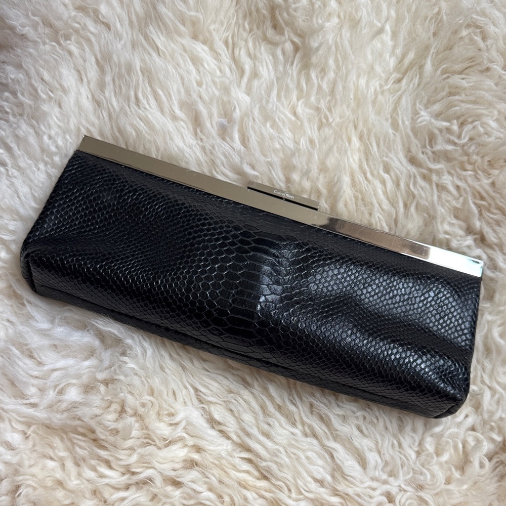 Black Snakeskin Clutch with Silver Trim